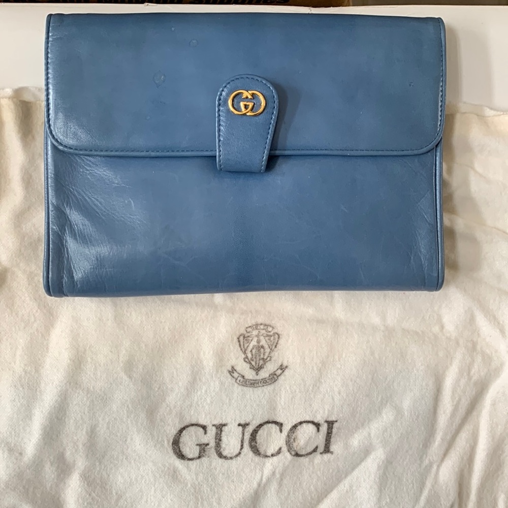 Gucci Sky Blue Leather Crossbody with Gold Emblem